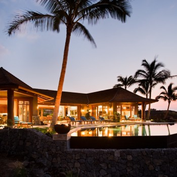 Exterior, horizontal, rear twilight view looking at lanai and negative edge pool, Lot #11, Manini'owali Kuki'o Golf Resort, Hawaii