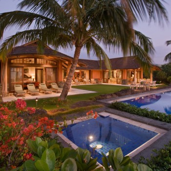 Exterior, horizontal, west elevation overall at twilight, Conner residence, Kuki'o Golf Resort, Hawaii, McLaughlin & Associates Architects