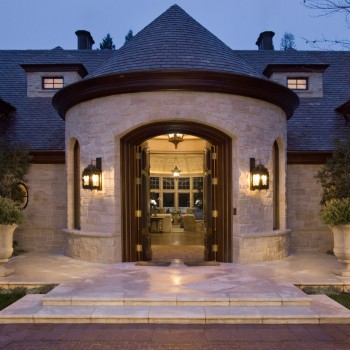 Exterior, horizontal, entry detail at twilight, Lucas Residence, Atherton CA, McLaughlin Architects, Studio Waterman Interiors